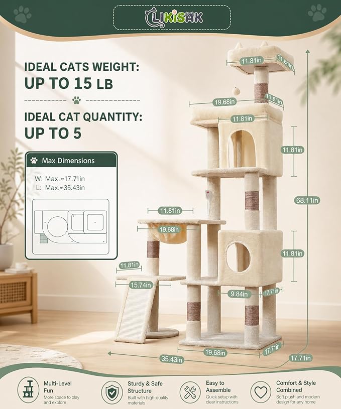 68 Inches Heavy Duty Cat Tree for Indoor Cat, Big Cat Tower with Sisal Scratching Posts and Top Perch, Large Platform for Adult Cats, PMT02BW, Beige