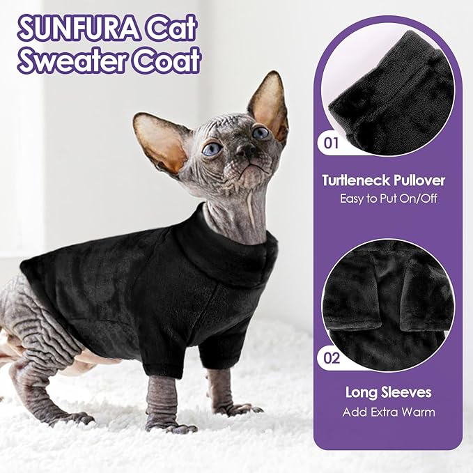 Turtleneck Sweater Coat for Cat, Sphynx Clothes Pajamas for Cats Only, Kitten Fleece Pullover Sweaters with Sleeves, Pet Warm Jumpsuit Sweatshirt for Cold Weather, Black S
