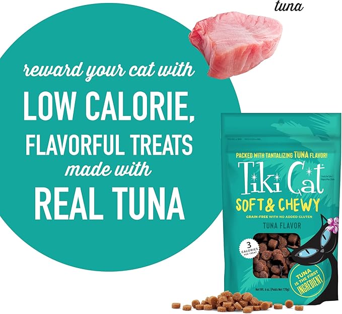 Tiki Cat Soft & Chewy Treats, Tuna Flavor, 3 Calories Per Treat with Grain-Free and No Added Gluten, 6 oz Pouch (Pack of 2)