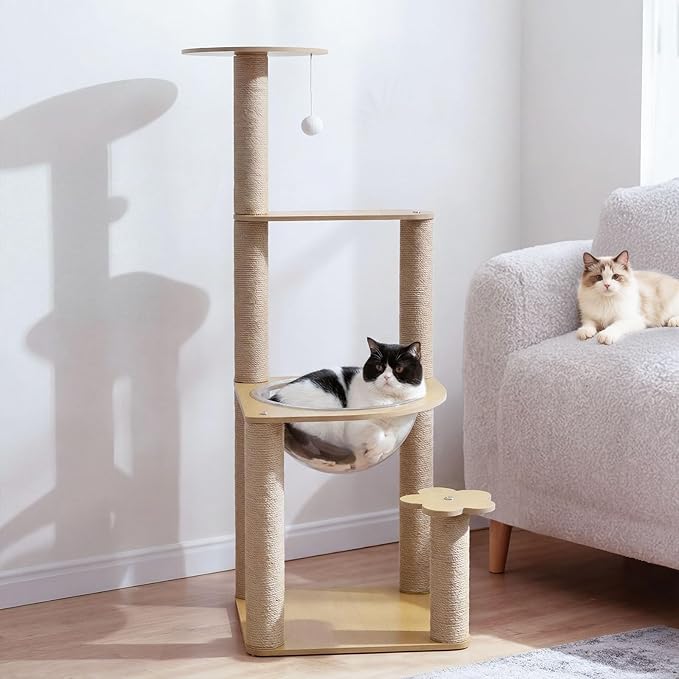 31 Inch Cat Tree,Solid Wood Cat Tree, Multi-Level Cat Tower with Cat House, Sisal Scratching Posts, Teaser Ball, Indoor Cat Condo for Active Cats for Kittens and Cats - Walnut