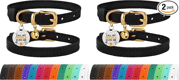 BRONZEDOG Leather Cat Collar with Removable Bells Non Breakaway Kitten QR Tag for Girl Boy (7" - 9" for Cats, Black & Gold) (Pack of 2)