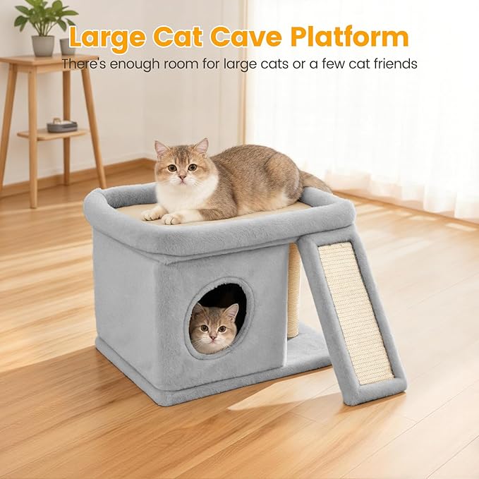 Cat Tree, Compact Cat Tree for Small Spaces, Heavy Duty Cat Tower for Large Cats,Small Cat Tower with Cat Scratching Post & Bed, Cat Condo Climbing Furniture for Indoor Cats (Light Grey)