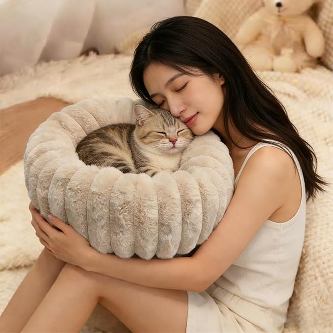 Small Pet Bed for Indoor Cats and Puppy - Washable Donut Extra Small Dog Beds for Small Dogs with Anti Slip Bottom, Fluffy Calming Round Bed for Puppy & Kitten Cozy Sleep, Beige, XS -19 Inch