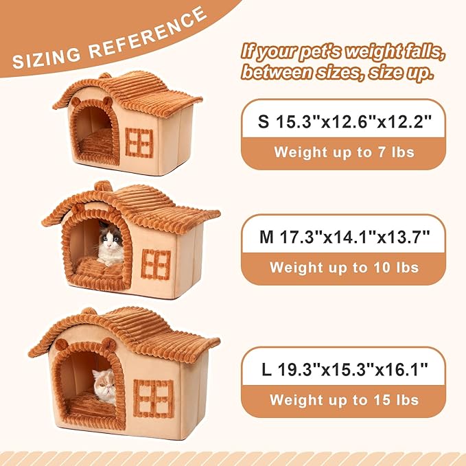 Jiupety Bear Cat Houses for Indoor Cats, Chimney Cute Cat Bed Cave, Enough Interior Space, Cartoon Soft Pet House Up to 3-7 lbs Kitten, Brown