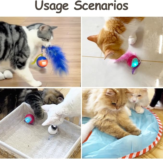 Migipaws 2-in-1 Interactive Cat Toy Ball – Paw Friendly Kicking Chasing Ball with Bonus Fluffy Tail for Indoor Cats Random Rolling Auto Escape Corners Tangle-Free Quiet USB Rechargeable (Rose)