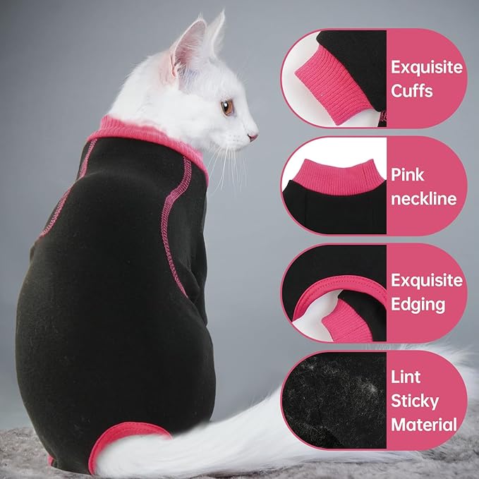 QBLEEV Sticky Hair Cat Clothes, Soft Cat Pajamas for Cats Only, Prevent Lost Fur Kitten Sweater Onesie, Stretchy Recovery Suit for Female Male Cats After Surgery Daily Wear, Black, XXL