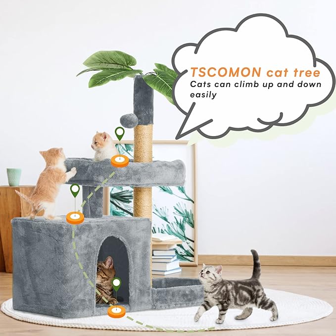 31.5" Cat Tree Tower for Indoor with Green Leaves, Cat Condo Cozy Plush House with Hang Ball and Leaf Shape Design, Cat Furniture Pet House with Scratching Posts, Grey