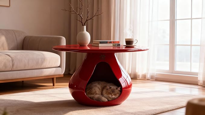 2-in-1 Gourd-Shaped Coffee Table & Pet Bed - Modern Living Room Furniture with Eco-Resin Top(A-Red)