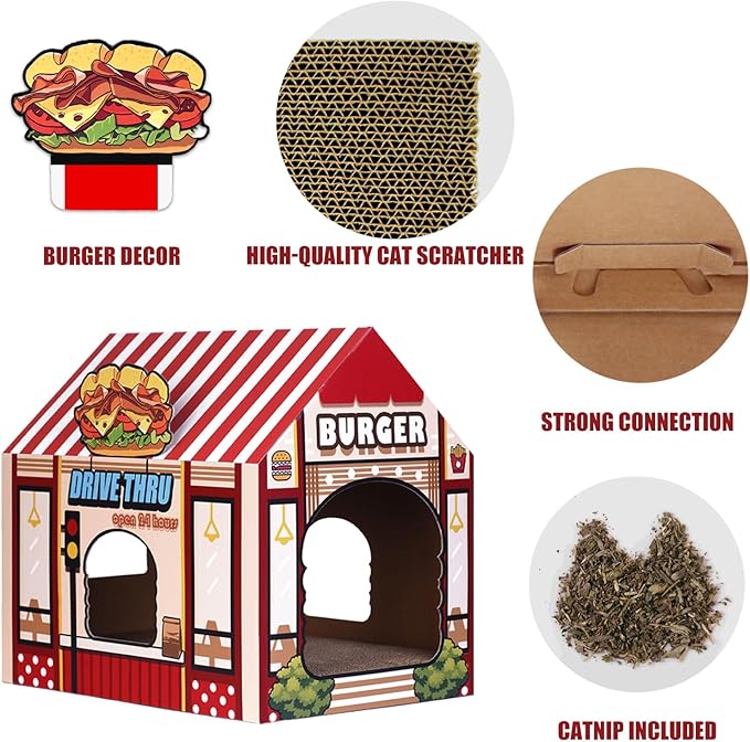 SEKAM Cardboard Cat House with Scratcher/Catnip, (16.5''x12''x15'') Burger Shop for Indoor/Outdoor Cats, Cat Play House&Home Decor, Cat Scratch Toy, Hideout for Bunny&Small Animals