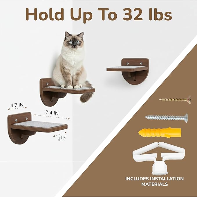 32LBS Capacity Cat Wall Steps for Indoor Cats Climbing, Set of 3 Cat Wall Climber System with Anti-Slip Scratching Pads, Wall-Mounted Steps for Various Shelves & Perches, Brown Wood