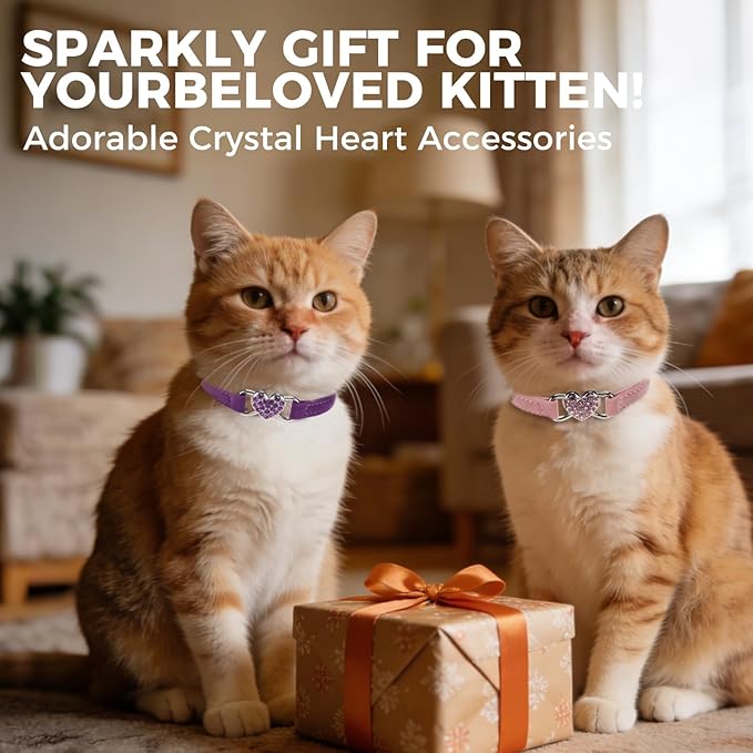BINGPET 2 Pack Diamond Cat Collar with Bells and Safety Belt, Adjustable Soft Velvet Kitten Collar with Bling Heart Jewelry, Cute Purple & Pink Cat Collars for Girls & Boys(Neck Girth 8"-10")