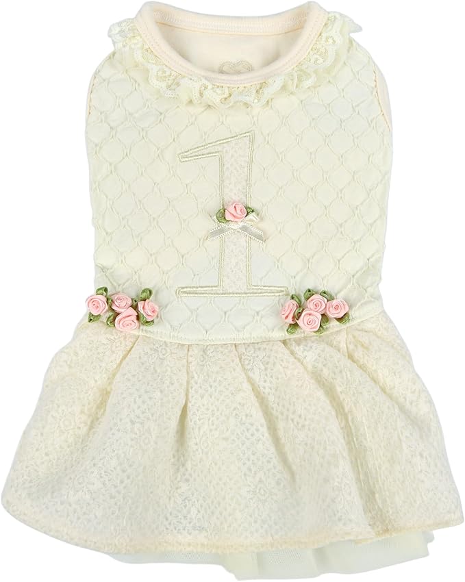 Pinkaholic New York Majesty Dog One-Piece Dress Trendy Fashionable Cute Elegant Dog Apparel for Small Dogs, Ivory, Medium