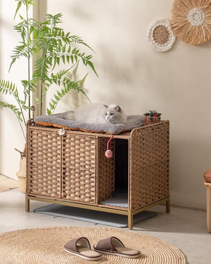 SETVSON Cat Litter Box Enclosure Furniture with Divider, Handwoven Rattan Litter Box with Mat, 31.2 x 19.6 x 24.2 Inches, Metal Heightened Feet, Hidden Cat House for Living Room, Bedroom (Natural)