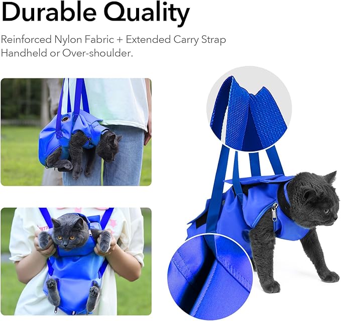 Pet Grooming Bag for Small Dogs & Cats – Restraint 13-18 lbs for Nail Trimming, Claw Care, Anti-Scratching & Vet Exams, 22" L x 11" W (Blue, Large)