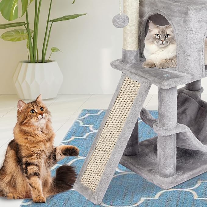 Grey Cute Cat Tree for Indoor Cat Tower with Scratching Post Modern Activity House Hammock Hanging Ball Condo with Board
