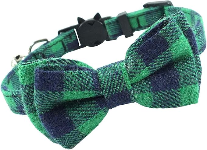 2 Pack/Set Cat Collar Breakaway with Cute Bow Tie and Bell for Kitty and Some Puppies, Adjustable from 7.8-10.5 Inch (Green+Orange, Plaid)