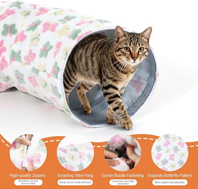 Cat Tunnels for Indoor Cats, 35'' Plush Cat Tunnel Bed with Playful Ball and Circle Cushion, Multifunctional Peekaboo Cat Cave, Interactive Toy Gift for Cats, Kittens, Rabbits,WhiteButterfly