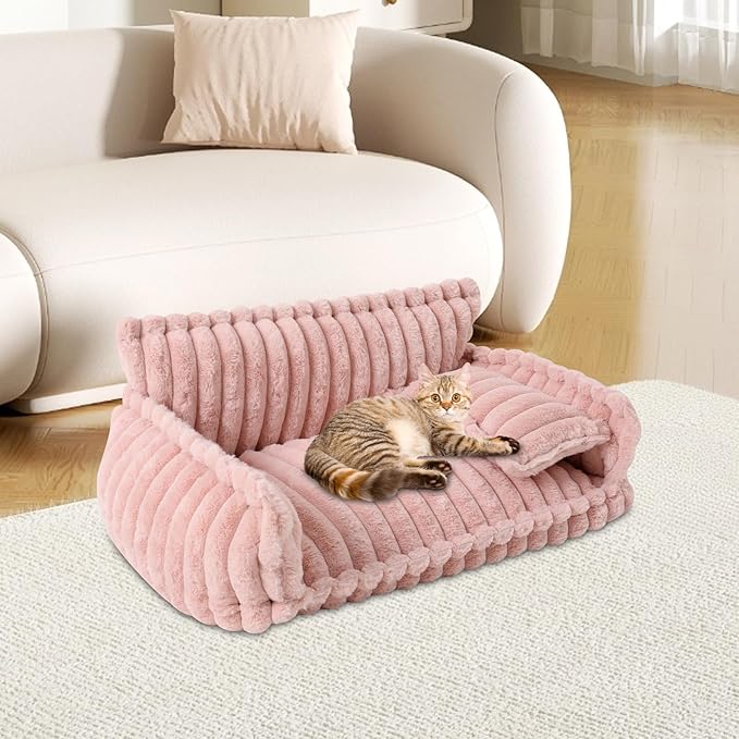 Plush Pet Couch, Soft Cat Bed with Bolster, Comfortable Pet Sofa for Indoor Lounging, Washable Cover, Large Size, Perfect for Medium to Large Breeds (Pink)
