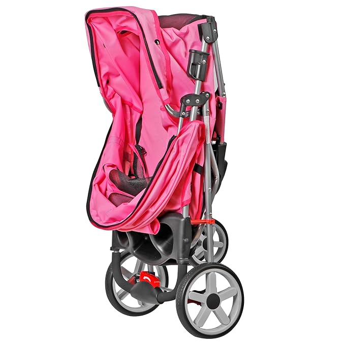 JungleA Foldable Pet Stroller for Cats Dogs,3 Wheel Jogger Stroller for Small to Medium Pets,Lightweight & Portable & Durable with Weather Cover, Storage Basket and Cup Holder,Pink