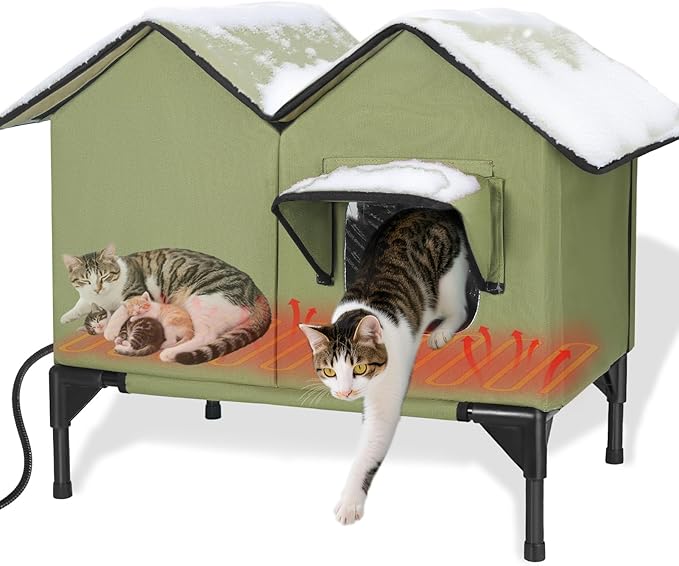 Heated Cat House for Outside Winter, Large Heated Outdoor Cat House Weatherproof, Elevated Bed, Escape Door, Insulated Outdoor Cat Shelter with Heater for Multiple Cats Feral Stray Kitty, Easy Setup