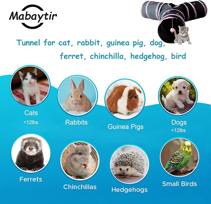 Cat Tunnel Tube Toy Collapsible 3 Way Black with Pink Paws, Pet Tunnels for Indoor Cats, Play Tubes with Hanging Ball for Kitten, Puppy, Rabbit, Interactive Toys for Fun Playtime & Exercise