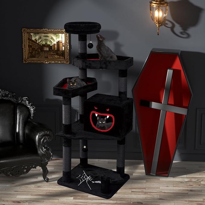 YARUOMY Gothic Cat Tree with Coffin Bed，62.5" Black Cat Tower with Spacious Demon Styled Cat Condo，Cozy Plush Perch, Scratching Posts，Hanging Ball，Multi-Level Cat Activities Furniture for Large Cats
