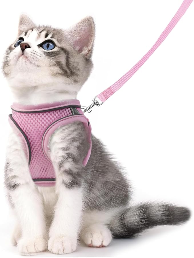 Cat Harness and Leash Set - Adjustable Soft Vest, Reflective Step-in Design for Safe Walking (Pink)