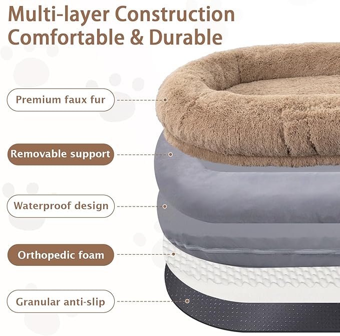 ROOMTEC Human Dog Bed, 71''x45''x12'' Size Fits Adult and Pet Washable Giant People Bed 10 CM Thick Memory Foam Large Oversize Pet Bed with Plump Pillow, Blanket, Strap - Khaki