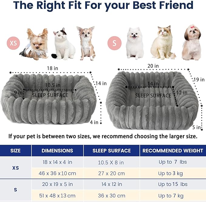 Rectangle Dog Bed for Small Dogs Washable Furry Puppy Beds,Orthopedic Soft Calming Warming Sleeping Cat Bed with Sides,Cozy Corduroy Fleece Square Pet Beds for Large Cat and Puppy,Warm Grey 20x19 Inch