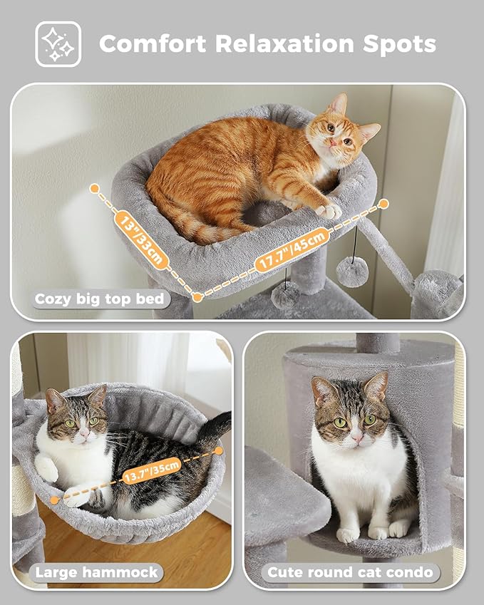 MUTTROS 59" Cat Tree, Tall Cat Tower for Large Cat, Multi-Level Tower with 3 Removable Pompom Sticks, Cat Tree for Indoor Cats, Condo with Large Hammock, Scratching Post, and 2 Perches, Grey