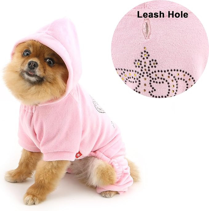 SMALLLEE_LUCKY_STORE Dog Hoodies for Small Dog Girls Rhinestone Crown Doggie Outfits Puppy Pajamas with Leash Hole Stretchy Soft Velvet Clothes 4 Legged Jumpsuit Pet Tracksuit Cat Apparel