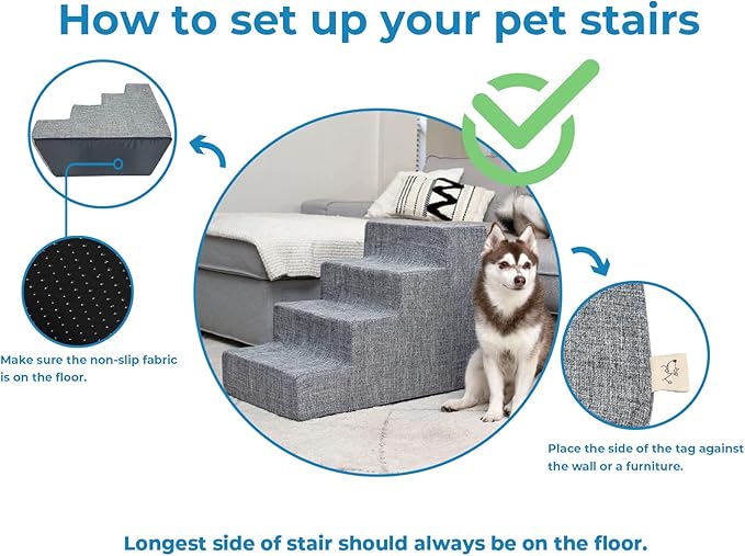 Best Pet Supplies Dog Stairs & Steps - Foam Steps for Small Dogs & Cats, Non-Slip Indoor Balanced Pet Step Support, Dog Ramp, No Assembly, Ash Gray Linen, 4-Step (18-inch Height)