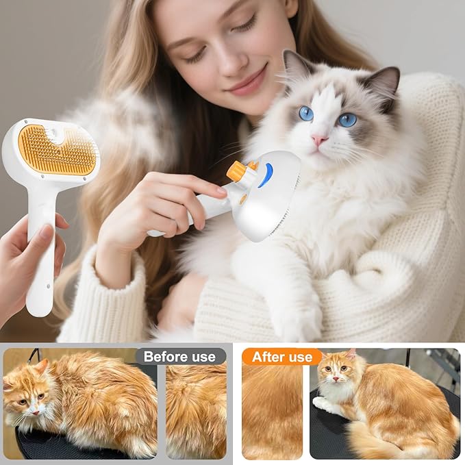 3-in-1 Pet Steam Brush Set for Dogs & Cats, Grooming Comb with Spray, Defur Tool, Water-Assisted Hair Removal, Gentle Cat & Dog Spritz Brush, Multi-Purpose Steam Grooming Kit