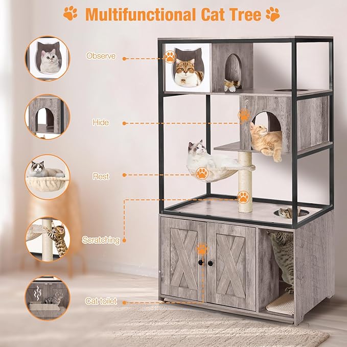 Cat Litter Box Enclosure,Hidden Litter Box Furniture with Metal Frame,Wooden Kitty House with Barn Door,Wooden Cat Washroom Furniture,Fit Most of Litter Box (Grey, M)