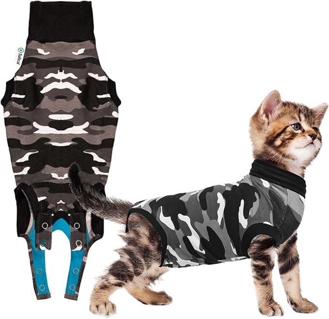 Suitical Recovery Suit for Cats - Spay & Neutering Cat Surgery Recovery Suit for Male or Female - Soft Fabric for Skin Conditions - S - Neck to Tail 16.9-20.1 in, 23-34 in Chest - Black Camouflage