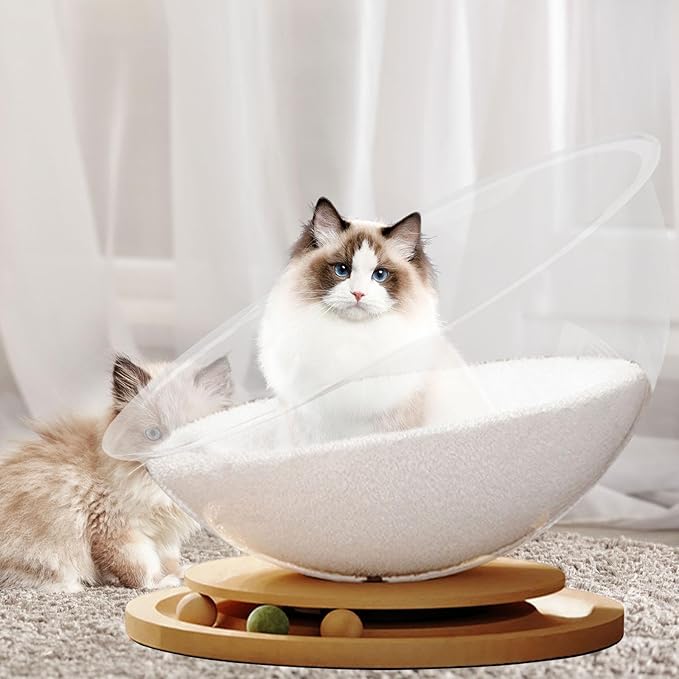 Semi Capsule Cat Bed with Bead Turntable Toy, All-Seasons Indoor Outdoor Pet Sleeping Nest, Easy Cleaning Stable Cat Furniture- Wood with mat M