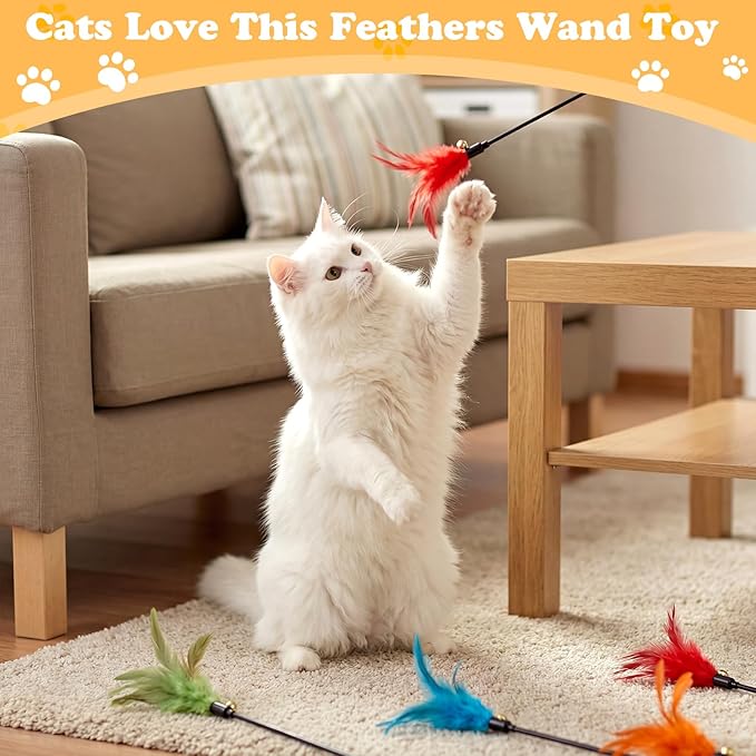 Leitee 15 Pcs Cat Wand Toy Feather Stick Cat Toy Bulk Feather Toys and Teaser Wand Bulk Interactive Stick for Indoor (Bright Color)