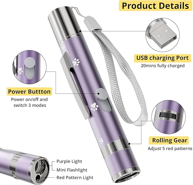 Cat Toy, Distinctive Purple Painted Metal Casing with Paw Print Design, USB Rechargeable, 3 Light Modes & 5 Adjustable Patterns,Interactive Chase Toy for Indoor Cat & Dog & Bird Training & Exercise