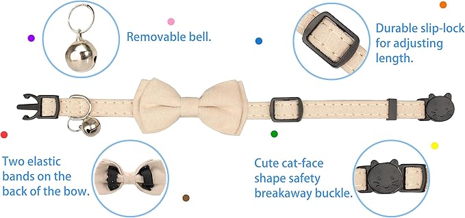 Cat Collar with Bow Tie Bell Breakaway Kitten Small Pet Safety Solid Wedding Basic Pure Color Suede Soft Adjustable [1pc] Cream