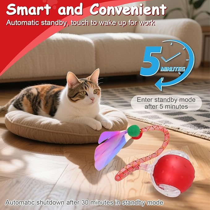 Interactive Cat Toys Smart Ball for Cats & Dogs! Now with 2 Rapid Tails. Features: 360°Auto-Rolling, Motion Activation& Bird Sounds. Perfect for Indoor Pet Exercise & Fun. (Yellow＆Green)