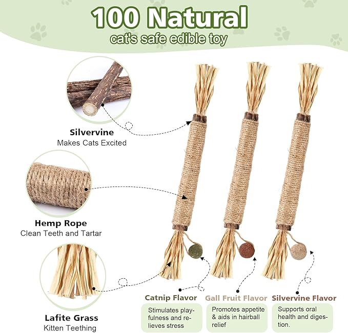 WOUSEDO 7 Pack Silvervine Sticks Cat Toy for Cats with Catnip & Matatabi Ball, Natural Chew Toys for Anxiety Relief & Dental Care, Teeth Cleaning Sticks for Indoor Cats & Kittens