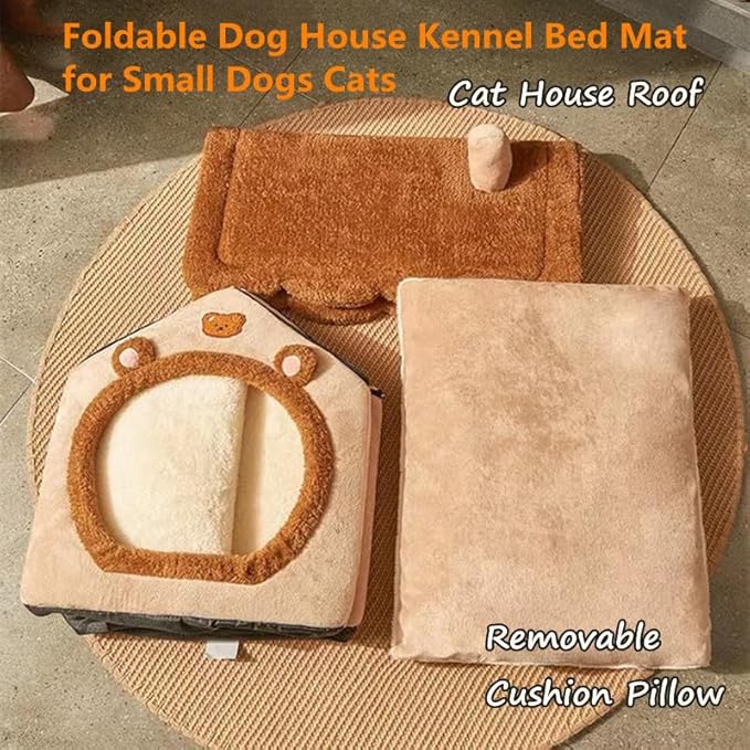 Cat Beds for Indoor Cats, Cute Bear Shape Cat Bed Cave, Pet House Cats Tent with Removable Cushion Pillow for Kittens Puppy Small Dogs (Brown, L-20.4 * 16.9 * 19.6in)
