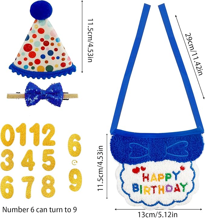 4PCS Blue Cat Birthday Party Supplies for Kitten Bandana Hat Number Decorations Pet Birthday Outfit Kit