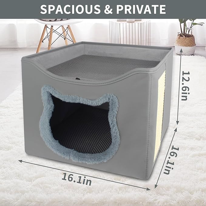 Cat Beds for Indoor Cats, Foldable Square Comfortable Pet Cave Bed & Furniture, with Scratching Pad and 2 Cushion, Grey