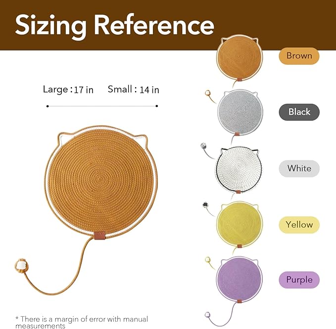 Cat Toy Scratcher Mat with Ball, 17" Size Natural Cotton Rope Dual Scratching Pad for Indoor Cats, Portable Furniture Protector for Wall, Carpets, Hand Washable (White, 17"*17")