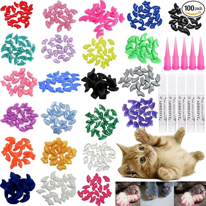 VICTHY Cat Nail Caps, 100pcs Medium Size 5 Colors with Glue and Applicators, Safe and Non-toxic, Prevents Scratching Furniture and People, Protects Cats' Claws, Helps Avoid Scratch Diseases