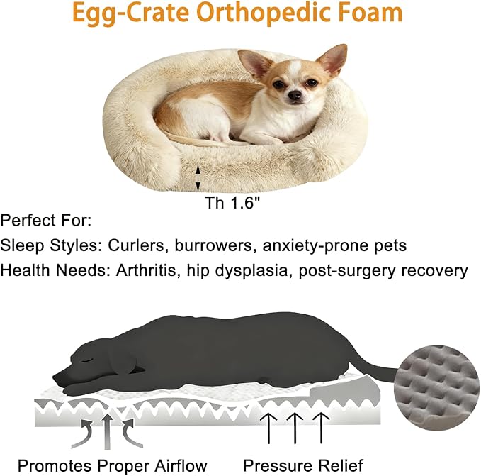 Calming Dog & Cat Beds with Orthopedic Egg-Crate Foam Raised Rim, Soft Fluffy Faux Fur Pet Bed for Small Medium Dogs, Anxiety Relief Spine Support, Machine Washable Cover (Round, Beige 23")
