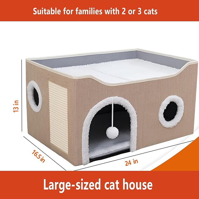 Cat Houses for Indoor Cats - Large Cat Bed Cave with Scratch Pad and Fluffy Ball, Foldable Cat Condo Hideaway with Reversible Cushion for Multi Small Pet (Beige, Double)
