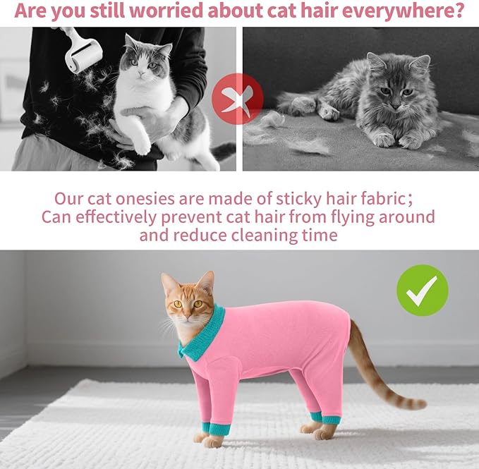 T'CHAQUE Sticky Hair Cat Clothes, Professional Recovery Suit for Cats, Anti-Shedding Shirt Outfit, Soft Pajamas for Kittens, Post-Surgery Onesie for Male & Female Cats