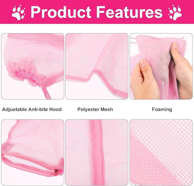 6 Pcs Cat Bathing Grooming Set - Adjustable Mesh Bathing Bag, Nail Clipper, Mesh Muzzle, Massage Brush, Tick Remover Tool & Nail File (Pink)